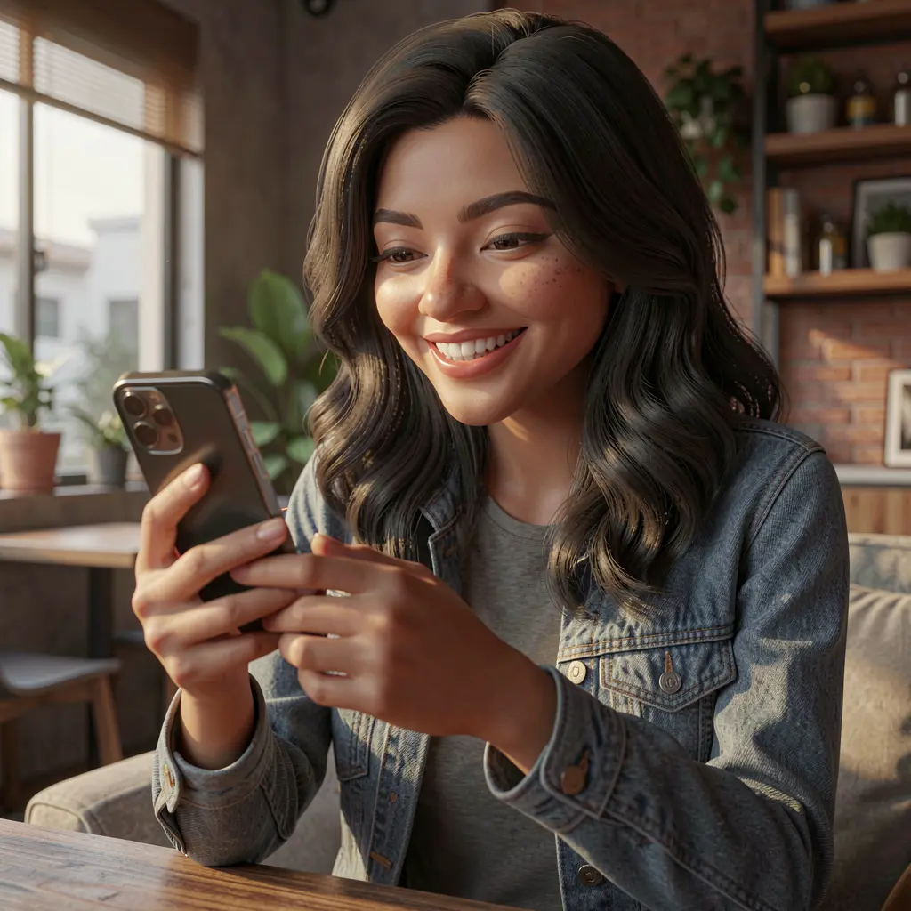 Smiling Bangladeshi woman watching a game on the 9BBD app while holding her phone in a relaxed modern setting
