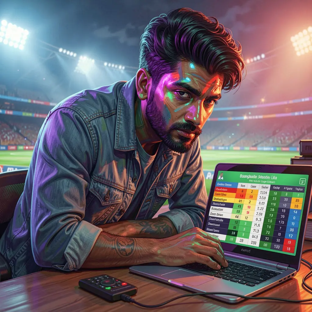 Focused Bangladeshi bettor placing live sports wagers on a laptop with real time odds and stadium lighting using the 9BBD betting platform