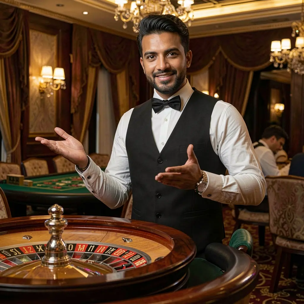 Elegant casino dealer standing by a roulette table in a luxury gaming hall representing the premium live casino experience at 9BBD for players in Bangladesh