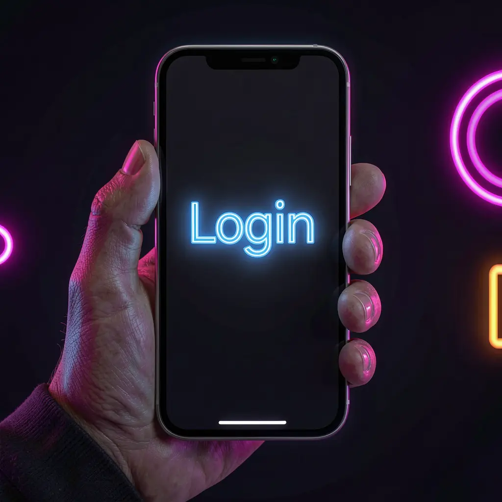 Hand holding a smartphone with a glowing login screen and neon effects representing secure access to the 9BBD gaming account in Bangladesh