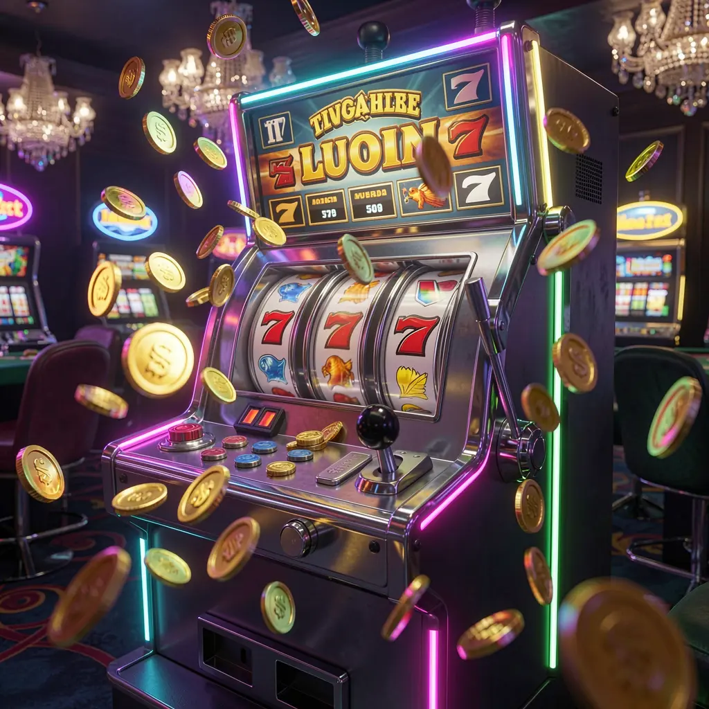 Modern digital slot machine with bright reels and falling coins highlighting the premium slot experience at 9BBD casino for players in Bangladesh